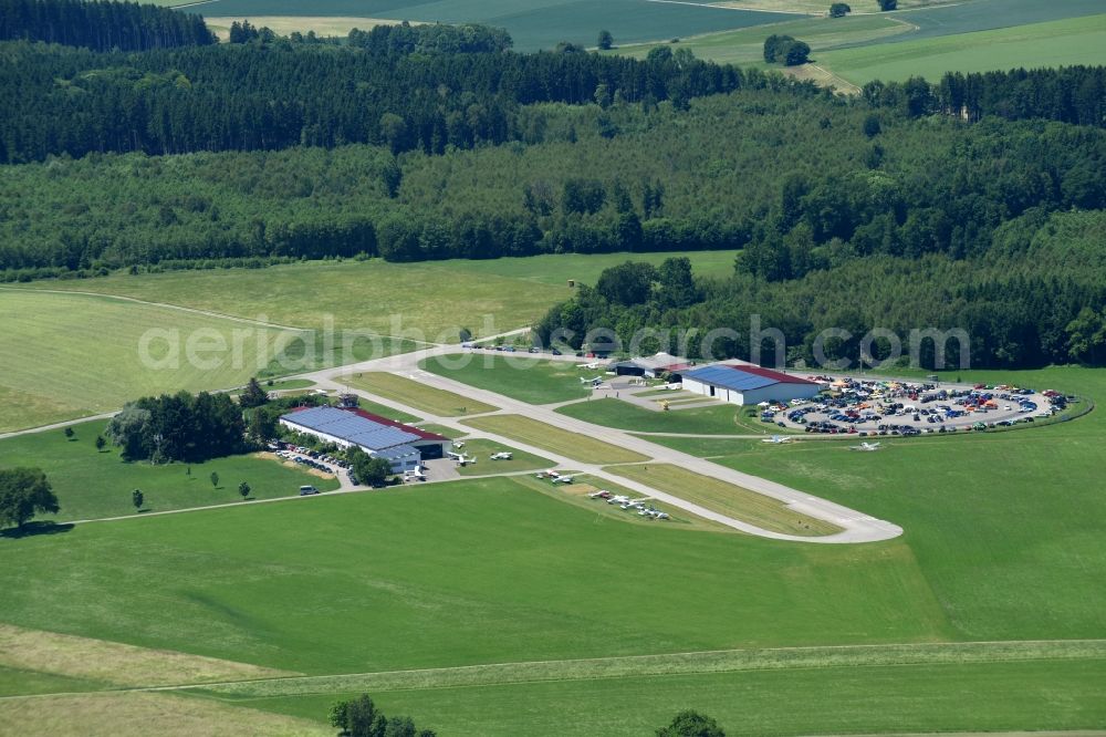 Jesenwang from above - Runway with tarmac terrain of airfield in Jesenwang in the state Bavaria, Germany