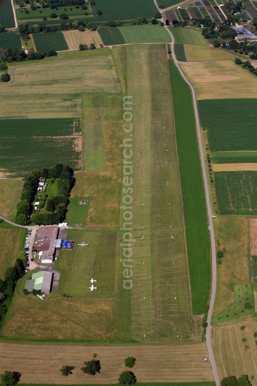 Rheinfelden (Baden) from above - Runway with tarmac terrain of the airfield Herten-Rheinfelden in Rheinfelden (Baden) in the state Baden-Wurttemberg, Germany