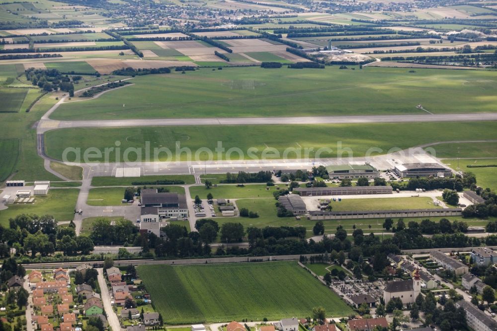 Tulln an der Donau from above - Runway with tarmac terrain of military airfield Militaerflugplatz Langenlebarn on the Brumowskigasse in Tulln an der Donau in Lower Austria, Austria