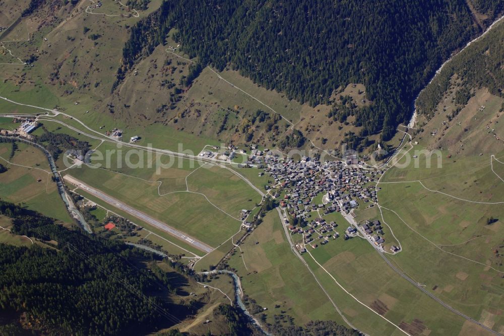 Münster-Geschinen from above - Runway with tarmac terrain of airfield Muenster VS, ICAO: LSPU, in Muenster-Geschinen in the canton Wallis, Switzerland