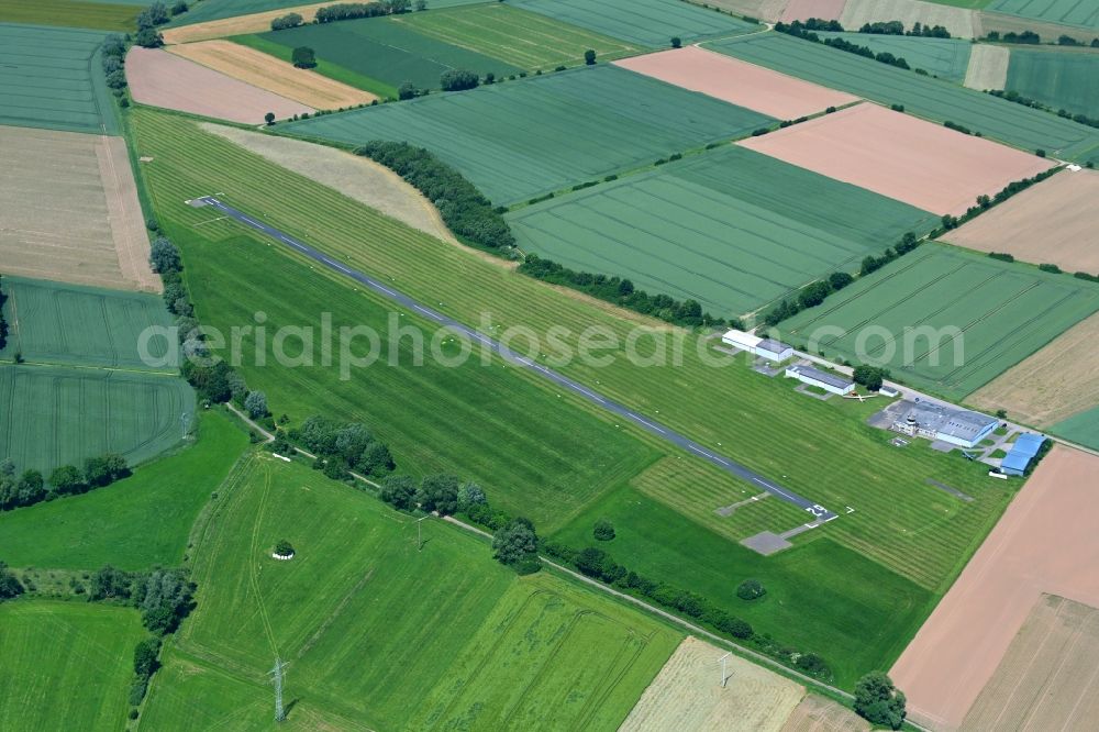 Rinteln from the bird's eye view: Runway with tarmac terrain of airfield EDVR in Rinteln in the state Lower Saxony, Germany