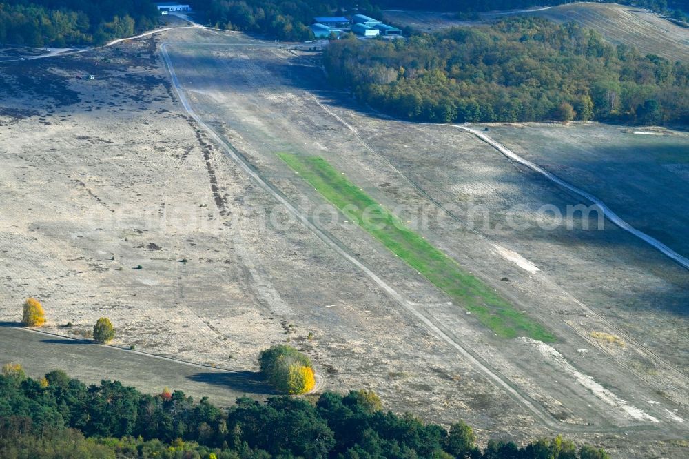 Saarmund from the bird's eye view: Runway with tarmac terrain of airfield in Saarmund in the state Brandenburg, Germany