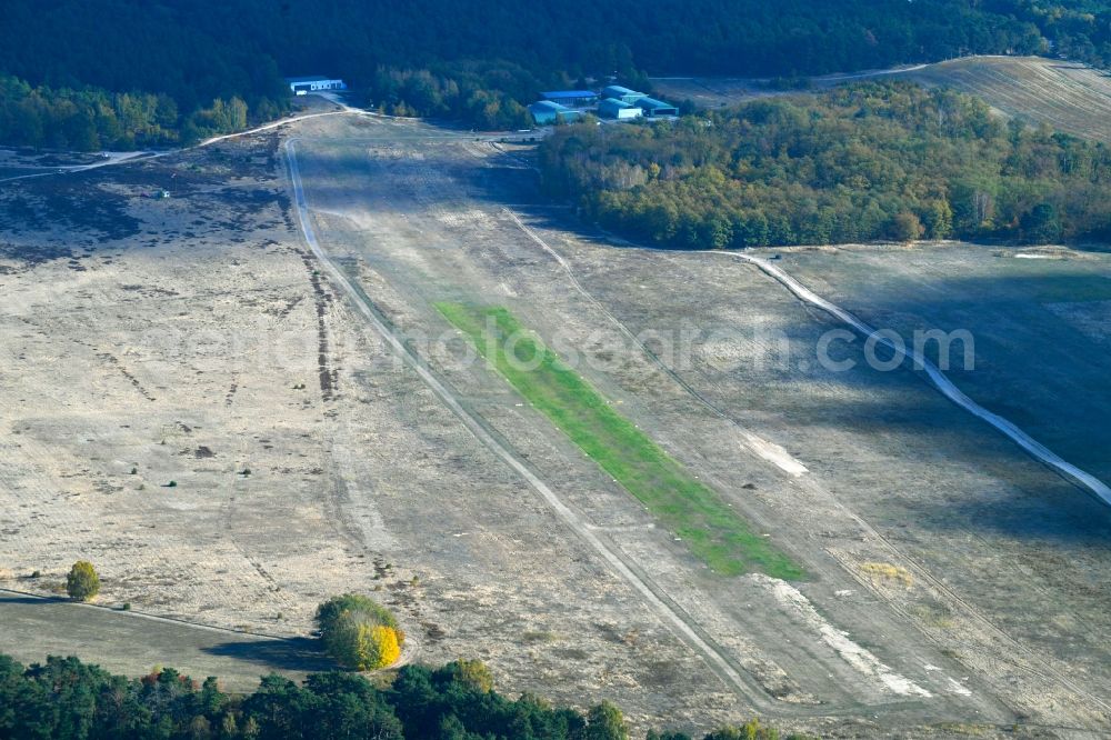 Aerial image Saarmund - Runway with tarmac terrain of airfield in Saarmund in the state Brandenburg, Germany