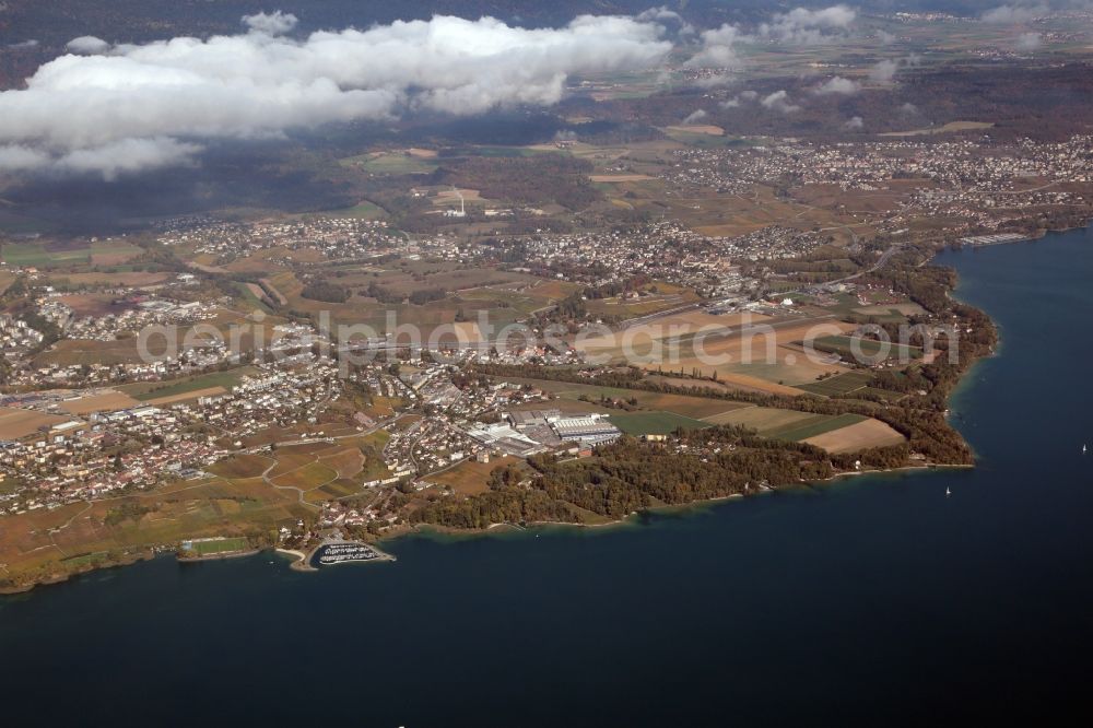 Boudry from the bird's eye view: Area and runway of airfield Neuchatel Aeroport de Neuchatel in Boudry in the canton Neuchatel, Switzerland