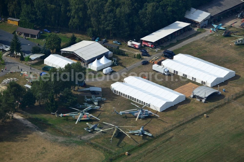 Cottbus from above - View of the Airfield Museum on the site of the former airfield Cottbus. Covering an area of 20,000 square meters military aircrafts, agricultural aircraft and helicopters and also air traffic control and vehicle technology from the history of aviation are shown. All periods are presented in detail in the museum's images and documents