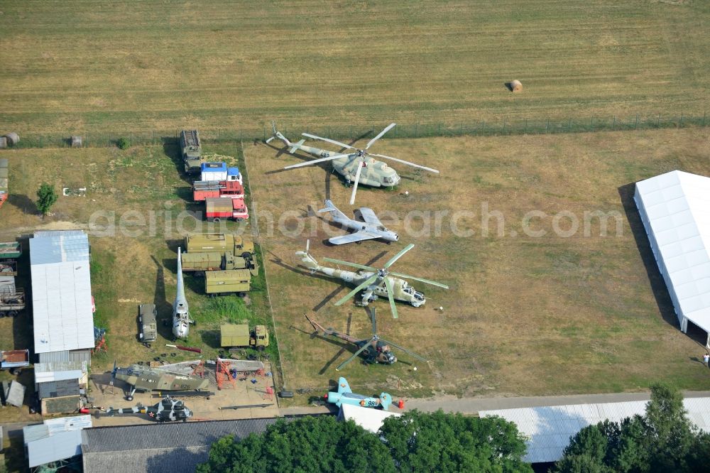 Cottbus from the bird's eye view: View of the Airfield Museum on the site of the former airfield Cottbus. Covering an area of 20,000 square meters military aircrafts, agricultural aircraft and helicopters and also air traffic control and vehicle technology from the history of aviation are shown. All periods are presented in detail in the museum's images and documents