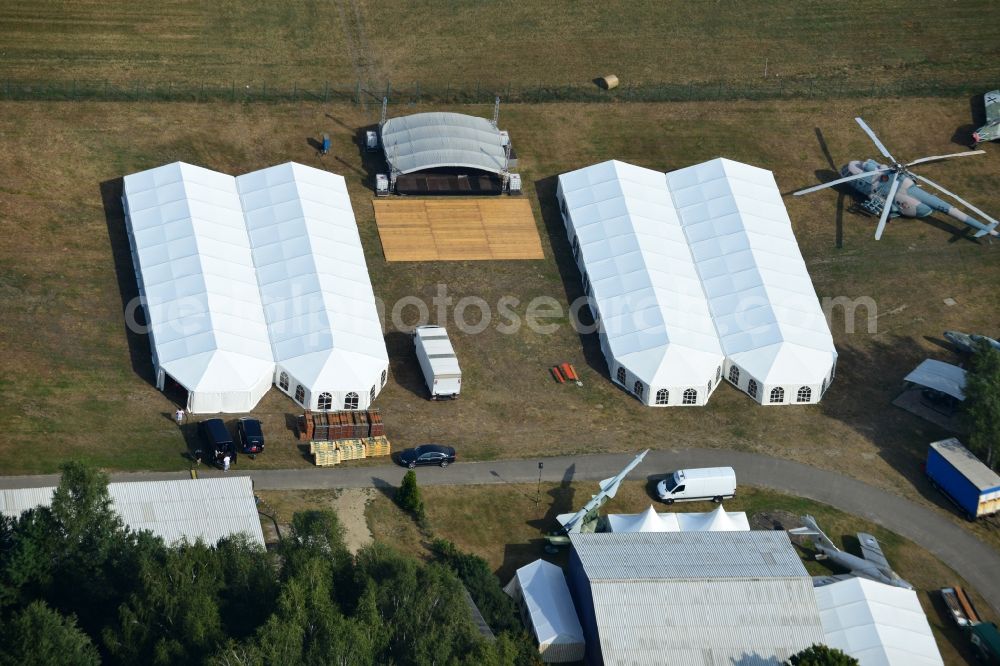 Aerial image Cottbus - View of the Airfield Museum on the site of the former airfield Cottbus. Covering an area of 20,000 square meters military aircrafts, agricultural aircraft and helicopters and also air traffic control and vehicle technology from the history of aviation are shown. All periods are presented in detail in the museum's images and documents