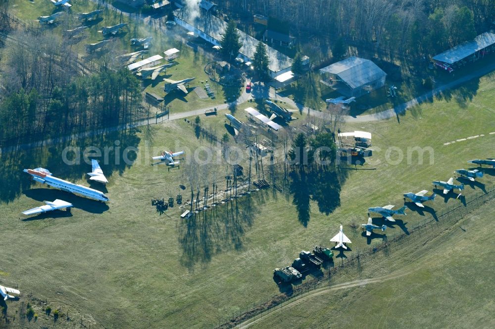 Cottbus from the bird's eye view: View of the Airfield Museum on the site of the former airfield Cottbus. Covering an area with military aircrafts, agricultural aircraft and helicopters and also air traffic control and vehicle technology from the history of aviation are shown. All periods are presented in detail in the museum's images and documents