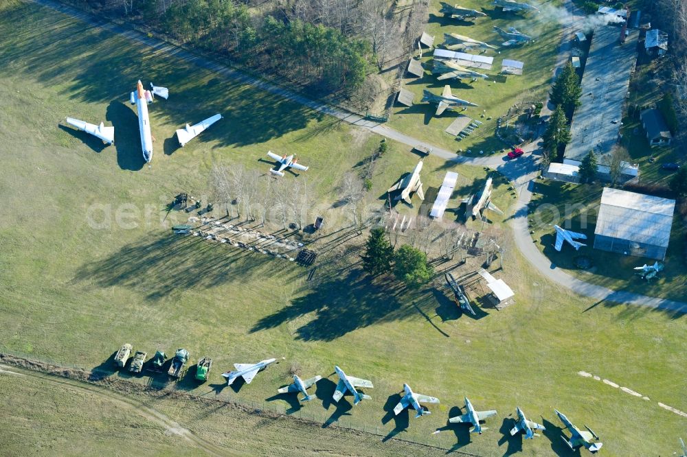 Aerial photograph Cottbus - View of the Airfield Museum on the site of the former airfield Cottbus. Covering an area with military aircrafts, agricultural aircraft and helicopters and also air traffic control and vehicle technology from the history of aviation are shown. All periods are presented in detail in the museum's images and documents