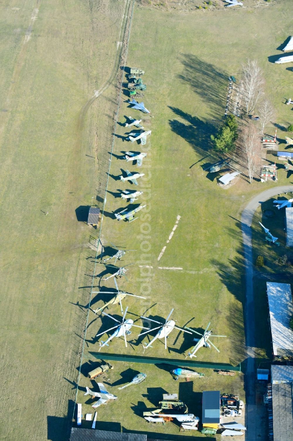 Aerial image Cottbus - View of the Airfield Museum on the site of the former airfield Cottbus. Covering an area with military aircrafts, agricultural aircraft and helicopters and also air traffic control and vehicle technology from the history of aviation are shown. All periods are presented in detail in the museum's images and documents