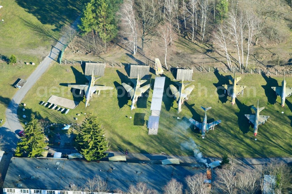 Cottbus from above - View of the Airfield Museum on the site of the former airfield Cottbus. Covering an area with military aircrafts, agricultural aircraft and helicopters and also air traffic control and vehicle technology from the history of aviation are shown. All periods are presented in detail in the museum's images and documents