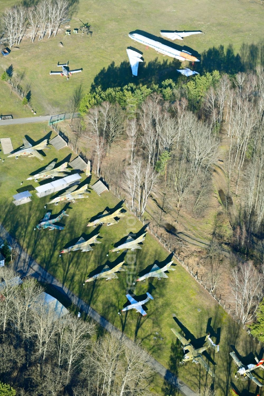 Aerial image Cottbus - View of the Airfield Museum on the site of the former airfield Cottbus. Covering an area with military aircrafts, agricultural aircraft and helicopters and also air traffic control and vehicle technology from the history of aviation are shown. All periods are presented in detail in the museum's images and documents