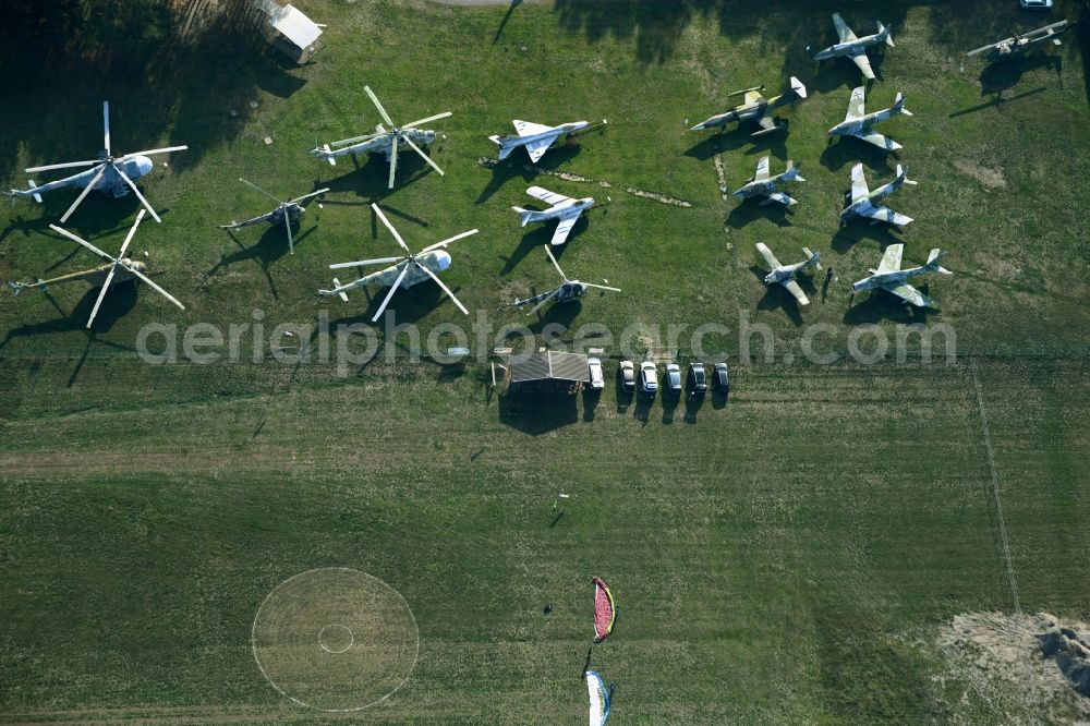 Aerial photograph Cottbus - View of the Airfield Museum on the site of the former airfield Cottbus. Covering an area with military aircrafts, agricultural aircraft and helicopters and also air traffic control and vehicle technology from the history of aviation are shown