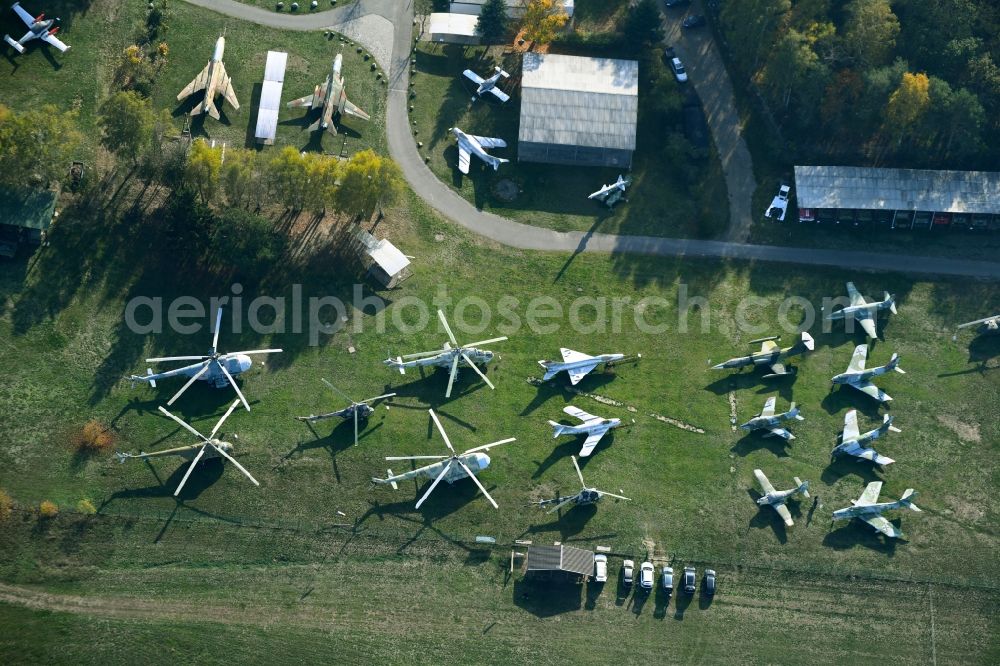 Cottbus from above - View of the Airfield Museum on the site of the former airfield Cottbus. Covering an area with military aircrafts, agricultural aircraft and helicopters and also air traffic control and vehicle technology from the history of aviation are shown