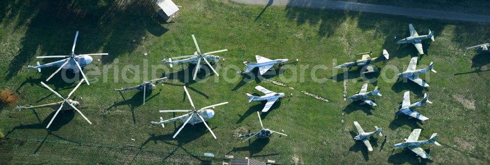 Cottbus from the bird's eye view: View of the Airfield Museum on the site of the former airfield Cottbus. Covering an area with military aircrafts, agricultural aircraft and helicopters and also air traffic control and vehicle technology from the history of aviation are shown