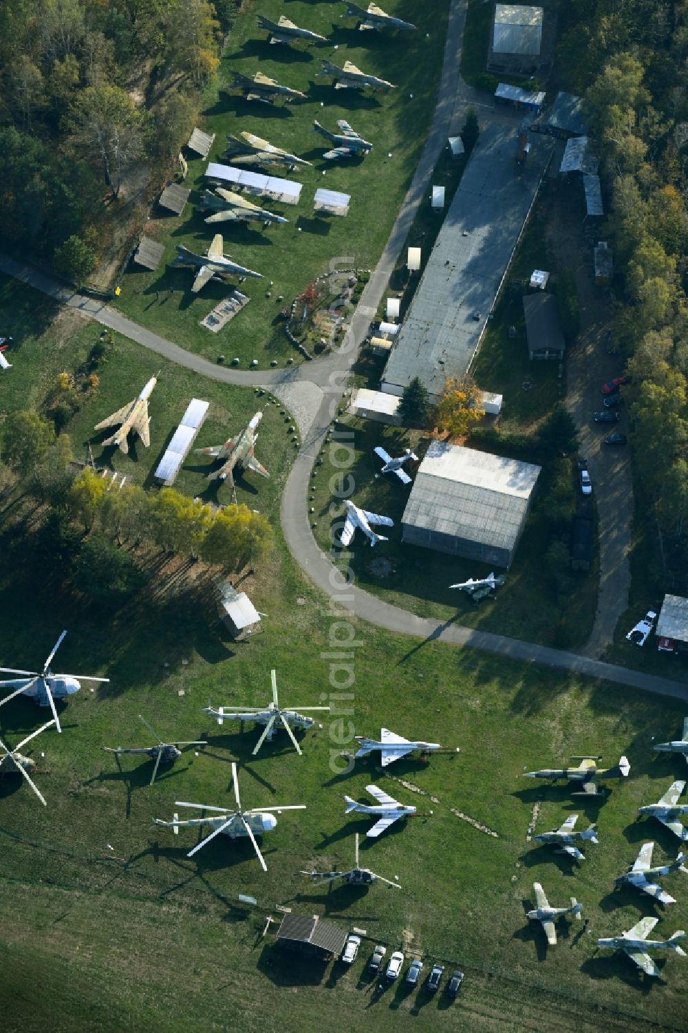 Aerial image Cottbus - View of the Airfield Museum on the site of the former airfield Cottbus. Covering an area with military aircrafts, agricultural aircraft and helicopters and also air traffic control and vehicle technology from the history of aviation are shown