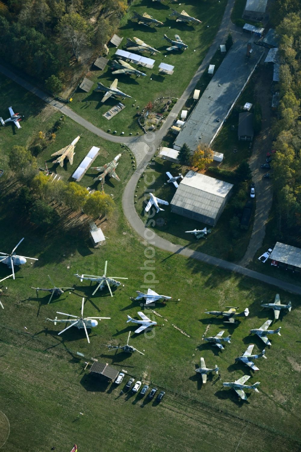 Aerial photograph Cottbus - View of the Airfield Museum on the site of the former airfield Cottbus. Covering an area with military aircrafts, agricultural aircraft and helicopters and also air traffic control and vehicle technology from the history of aviation are shown