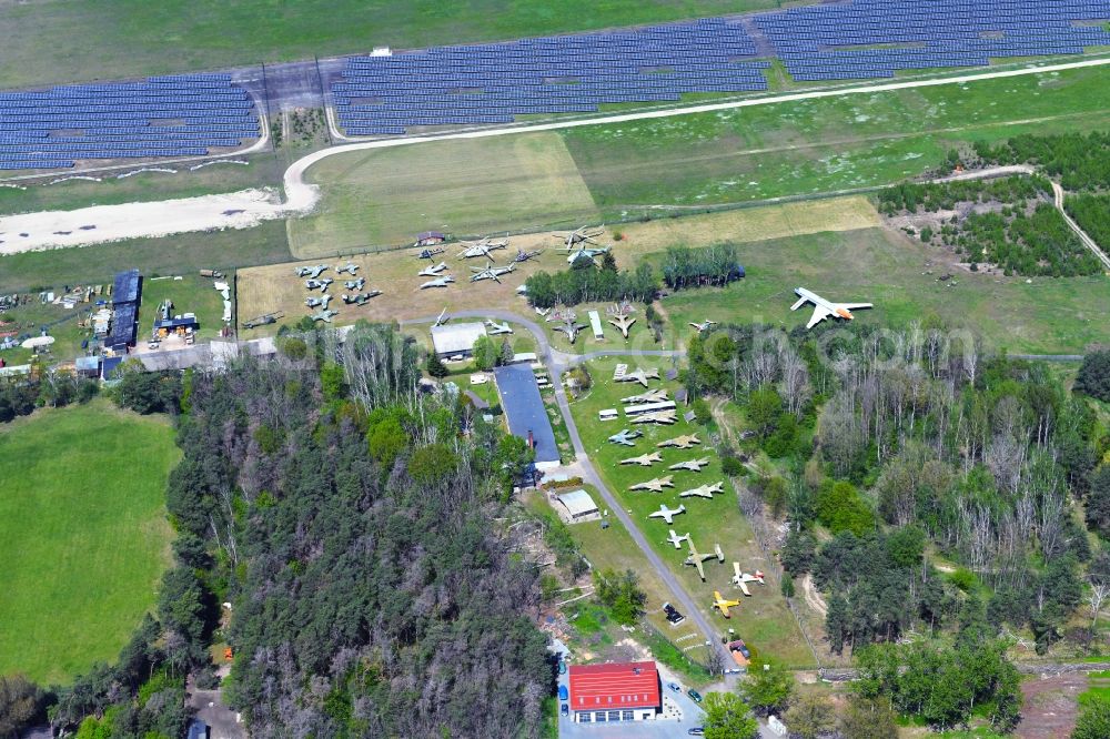 Cottbus from above - View of the Airfield Museum on the site of the former airfield Cottbus. Covering an area with military aircrafts, agricultural aircraft and helicopters and also air traffic control and vehicle technology from the history of aviation are shown