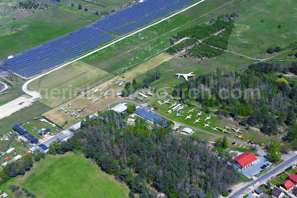 Cottbus from the bird's eye view: View of the Airfield Museum on the site of the former airfield Cottbus. Covering an area with military aircrafts, agricultural aircraft and helicopters and also air traffic control and vehicle technology from the history of aviation are shown