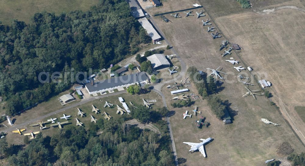 Cottbus from above - View of the Airfield Museum on the site of the former airfield Cottbus. Covering an area with military aircrafts, agricultural aircraft and helicopters and also air traffic control and vehicle technology from the history of aviation are shown