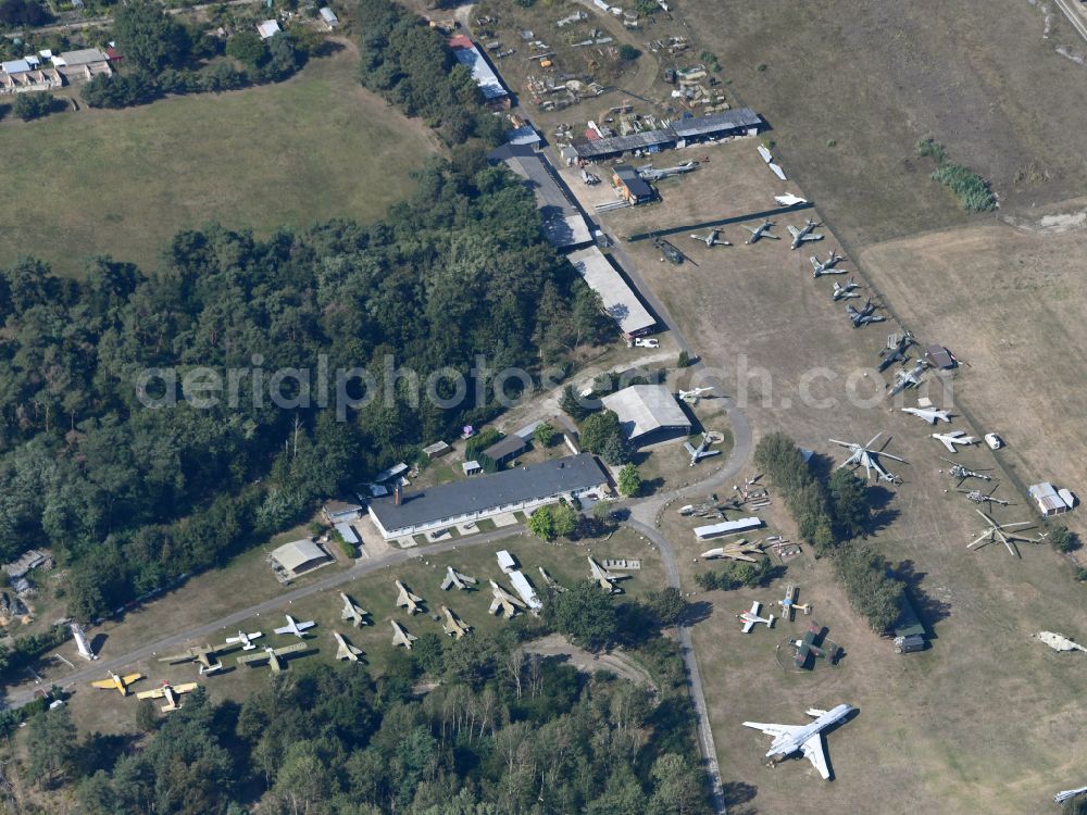 Cottbus from the bird's eye view: View of the Airfield Museum on the site of the former airfield Cottbus. Covering an area with military aircrafts, agricultural aircraft and helicopters and also air traffic control and vehicle technology from the history of aviation are shown