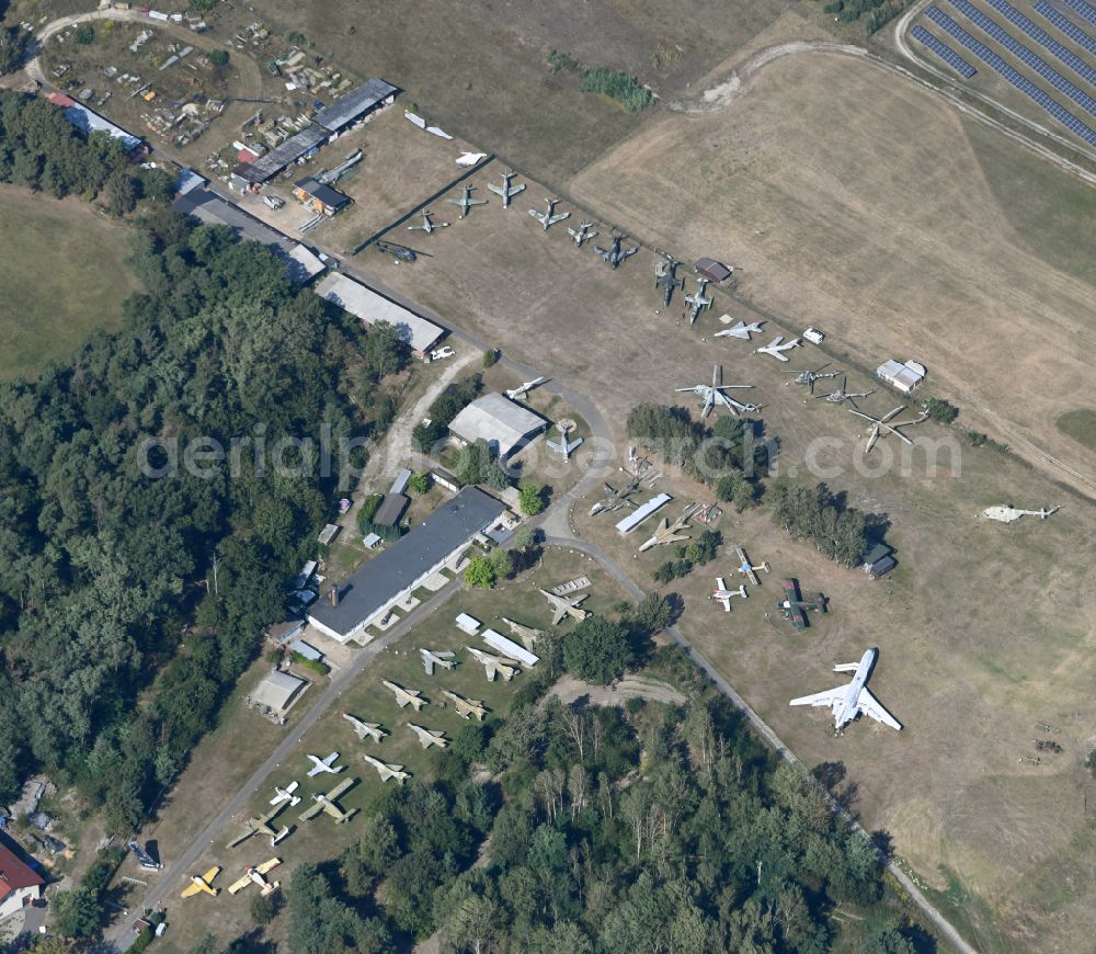 Aerial image Cottbus - View of the Airfield Museum on the site of the former airfield Cottbus. Covering an area with military aircrafts, agricultural aircraft and helicopters and also air traffic control and vehicle technology from the history of aviation are shown