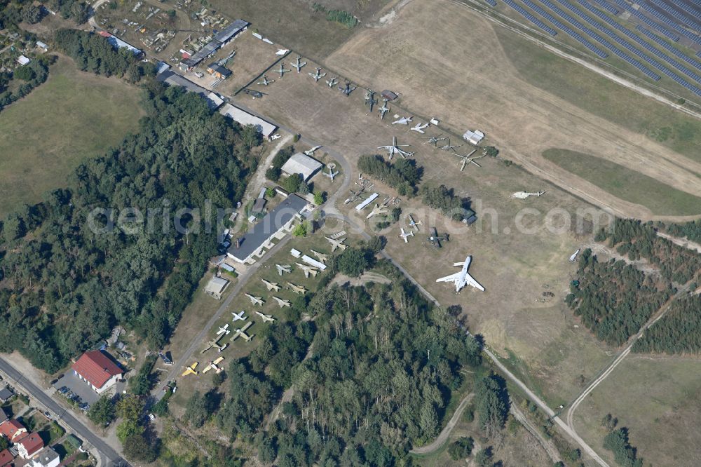 Cottbus from above - View of the Airfield Museum on the site of the former airfield Cottbus. Covering an area with military aircrafts, agricultural aircraft and helicopters and also air traffic control and vehicle technology from the history of aviation are shown