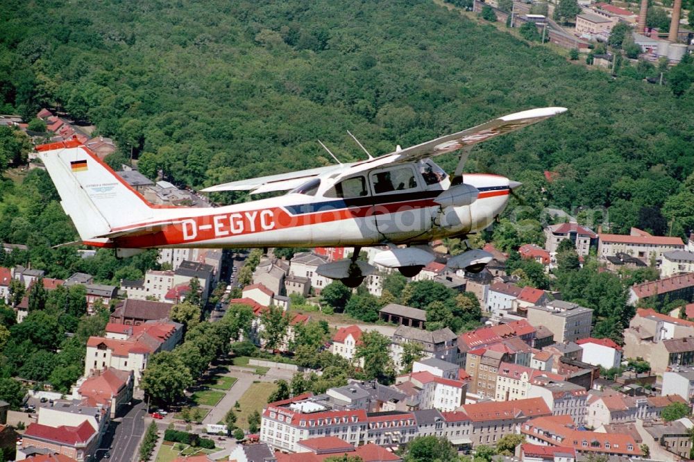 Aerial image Fürstenwalde/Spree - Cessna F172H with call sign D-EGYC Aircraft in flight over the airspace in Fuerstenwalde/Spree in the state Brandenburg, Germany