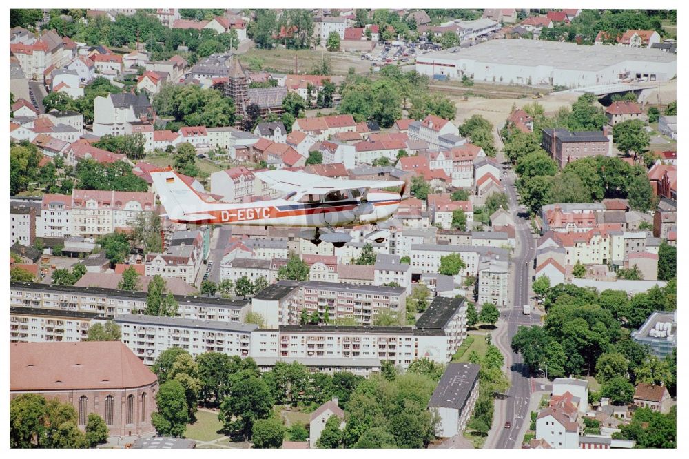 Aerial image Fürstenwalde/Spree - Cessna F172H with call sign D-EGYC Aircraft in flight over the airspace in Fuerstenwalde/Spree in the state Brandenburg, Germany