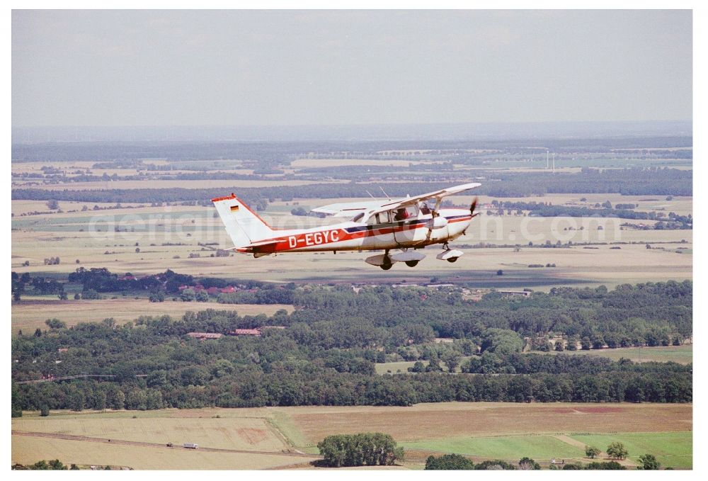 Aerial image Fürstenwalde/Spree - Cessna F172H with call sign D-EGYC Aircraft in flight over the airspace in Fuerstenwalde/Spree in the state Brandenburg, Germany