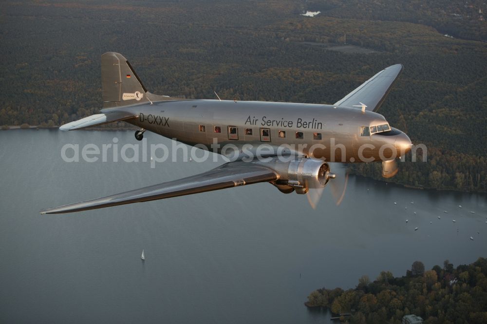 Aerial photograph Berlin - Aircraft Douglas DC-3 of Air Service Berlin on a sightseeing flight over the Müggelsee in Berlin