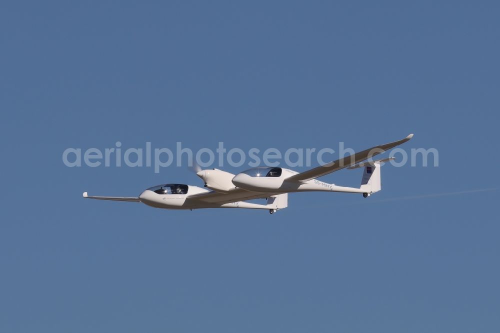 Stuttgart from above - Aircraft with emission-free hydrogen drive of the H2FLY GmbH with the identification S5-MHY in flight over the airspace in Stuttgart in the state of Baden-Wuerttemberg