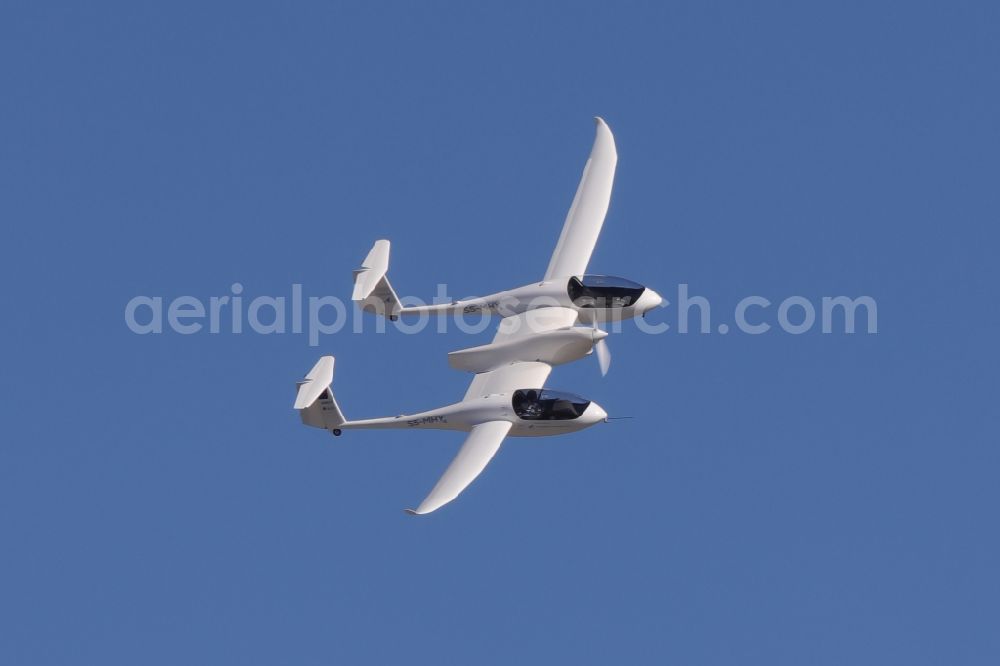 Aerial image Stuttgart - Aircraft with emission-free hydrogen drive of the H2FLY GmbH with the identification S5-MHY in flight over the airspace in Stuttgart in the state of Baden-Wuerttemberg