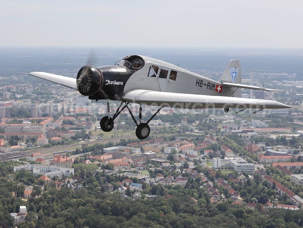 Dessau from the bird's eye view: Junkers F13 Aircraft in flight over the airspace in Dessau in the state Saxony-Anhalt, Germany