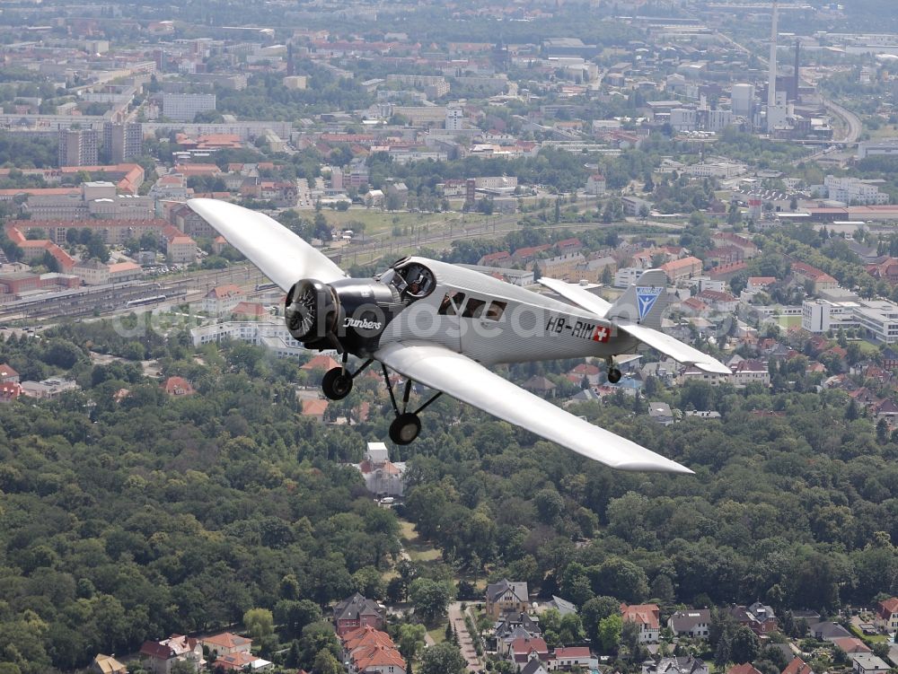 Aerial image Dessau - Junkers F13 Aircraft in flight over the airspace in Dessau in the state Saxony-Anhalt, Germany