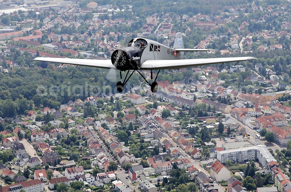 Aerial photograph Dessau - Junkers F13 Aircraft in flight over the airspace in Dessau in the state Saxony-Anhalt, Germany