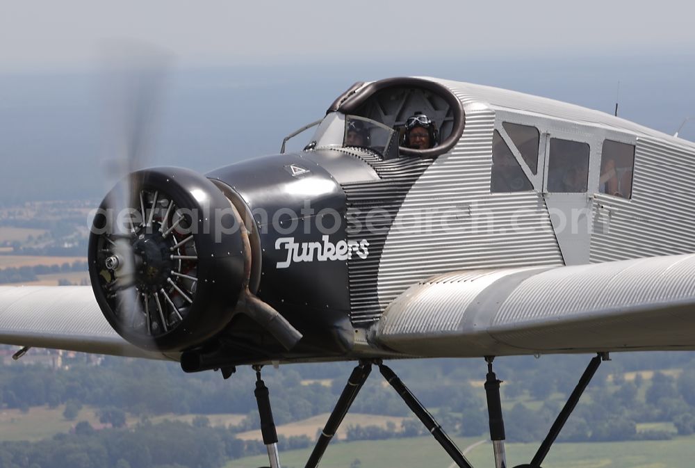 Aerial image Dessau - Junkers F13 Aircraft in flight over the airspace in Dessau in the state Saxony-Anhalt, Germany