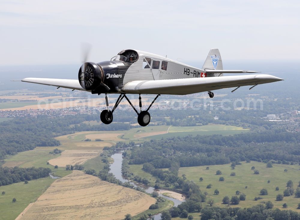 Aerial photograph Dessau - Junkers F13 Aircraft in flight over the airspace in Dessau in the state Saxony-Anhalt, Germany