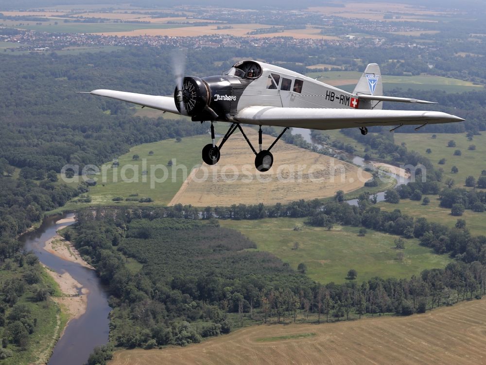 Dessau from above - Junkers F13 Aircraft in flight over the airspace in Dessau in the state Saxony-Anhalt, Germany