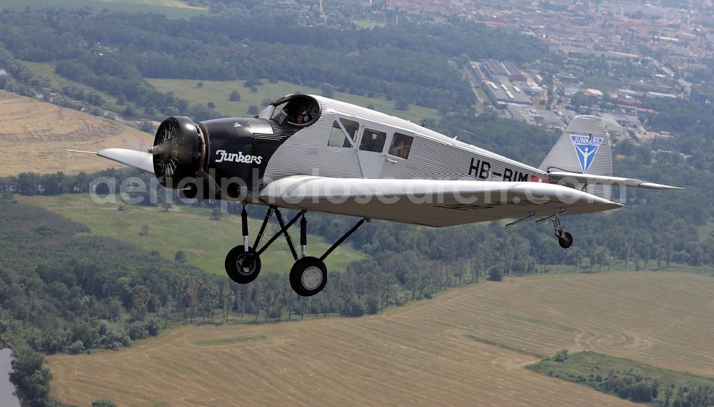 Aerial image Dessau - Junkers F13 Aircraft in flight over the airspace in Dessau in the state Saxony-Anhalt, Germany