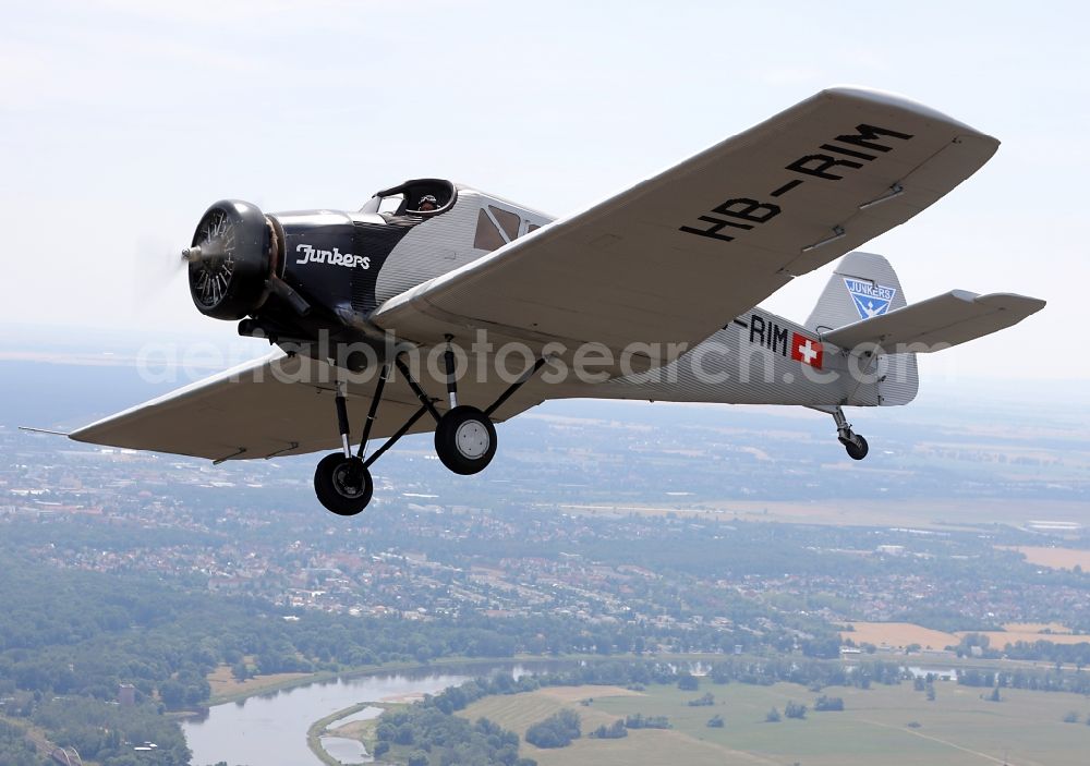 Dessau from the bird's eye view: Junkers F13 Aircraft in flight over the airspace in Dessau in the state Saxony-Anhalt, Germany