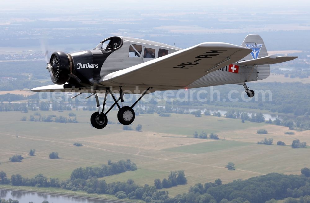 Aerial image Dessau - Junkers F13 Aircraft in flight over the airspace in Dessau in the state Saxony-Anhalt, Germany