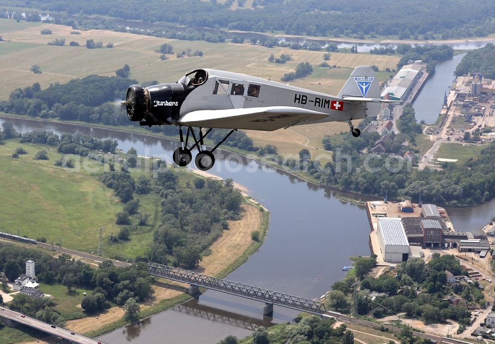 Dessau from above - Junkers F13 Aircraft in flight over the airspace in Dessau in the state Saxony-Anhalt, Germany