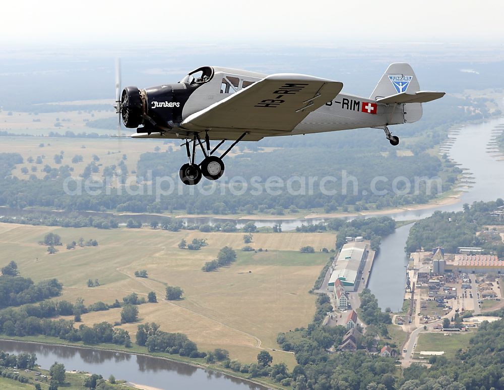 Dessau from the bird's eye view: Junkers F13 Aircraft in flight over the airspace in Dessau in the state Saxony-Anhalt, Germany