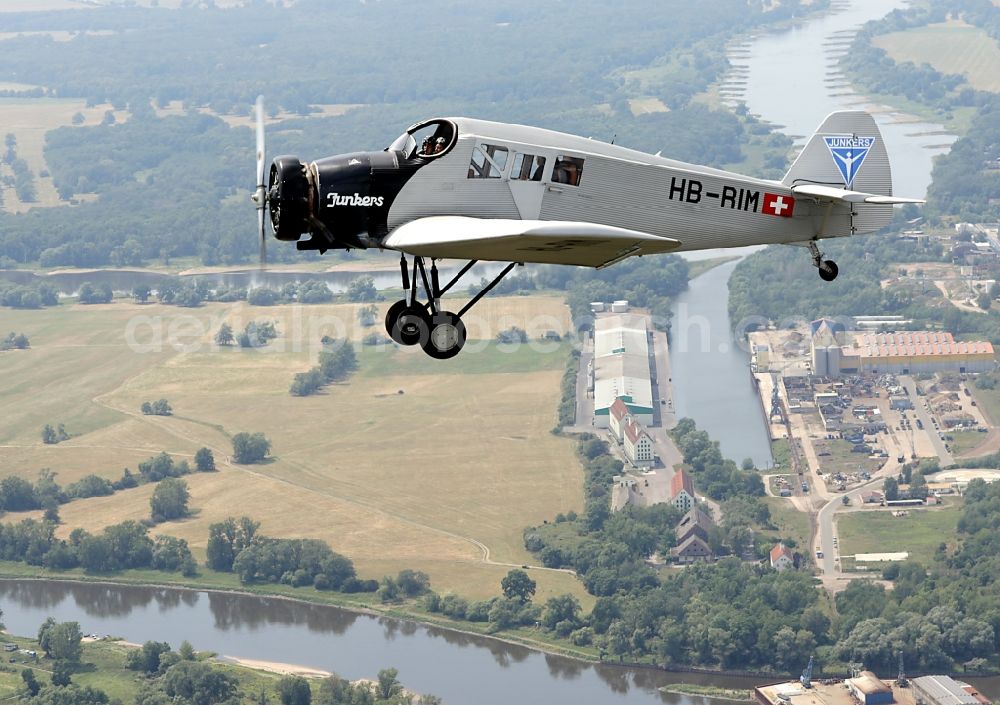 Aerial image Dessau - Junkers F13 Aircraft in flight over the airspace in Dessau in the state Saxony-Anhalt, Germany