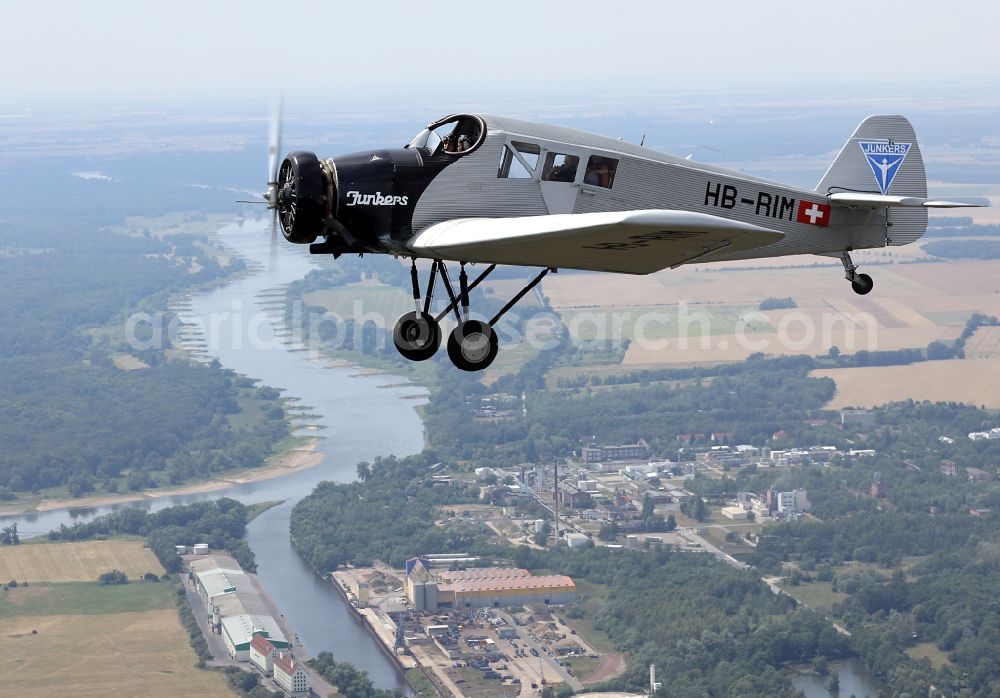 Dessau from above - Junkers F13 Aircraft in flight over the airspace in Dessau in the state Saxony-Anhalt, Germany