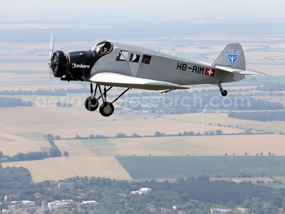 Dessau from the bird's eye view: Junkers F13 Aircraft in flight over the airspace in Dessau in the state Saxony-Anhalt, Germany