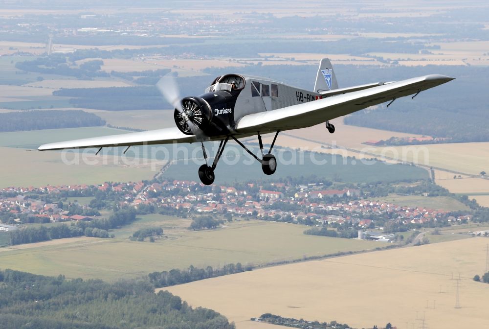 Dessau from above - Junkers F13 Aircraft in flight over the airspace in Dessau in the state Saxony-Anhalt, Germany