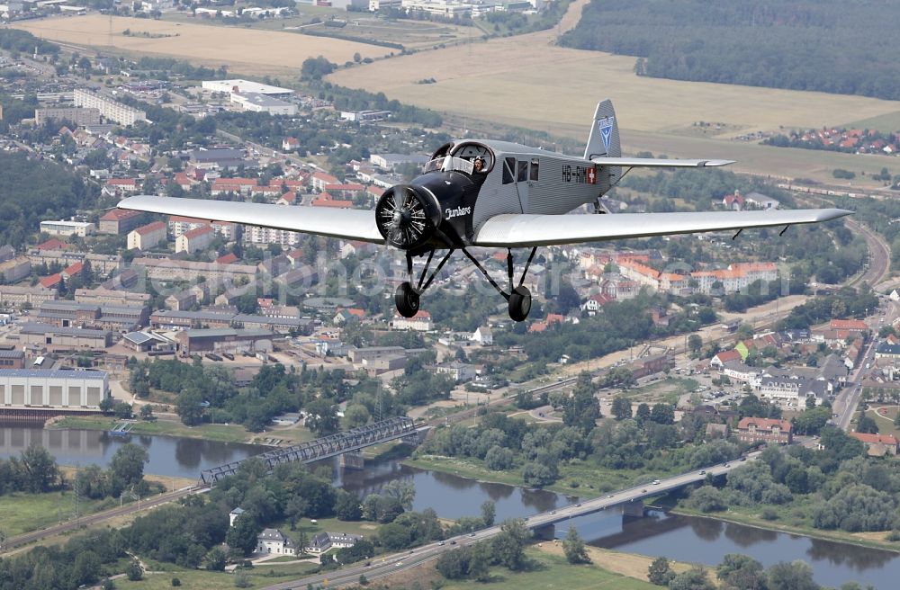 Dessau from the bird's eye view: Junkers F13 Aircraft in flight over the airspace in Dessau in the state Saxony-Anhalt, Germany