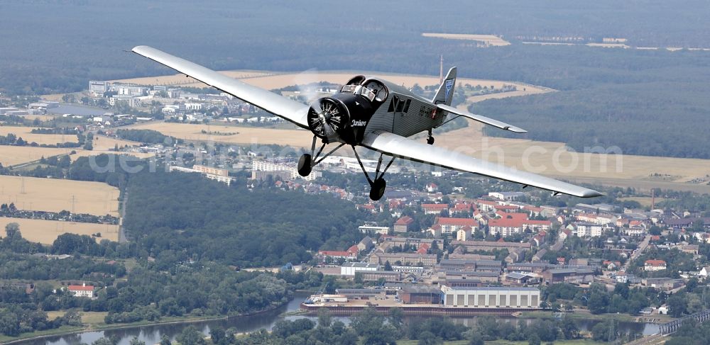 Aerial image Dessau - Junkers F13 Aircraft in flight over the airspace in Dessau in the state Saxony-Anhalt, Germany